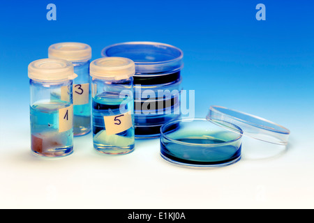 Petri dishes and medical vials studio shot. Stock Photo
