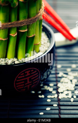 Chopsticks and a lucky bamboo plant - oriental style table serving concept Stock Photo