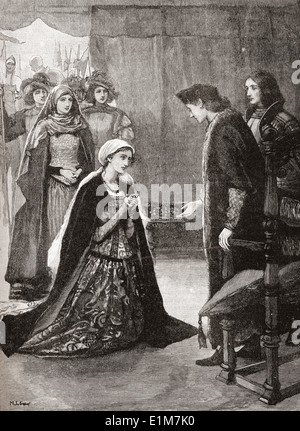 Lady Catherine Gordon taken prisoner and brought before Henry VII at St. Michaels Mount, Cornwall, England. Stock Photo