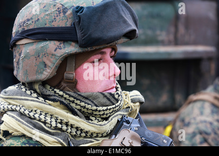 U.S. Marine Corps Staff Sgt. Jerad L. Wilcox, a platoon sergeant with Echo Battery, 2nd Battalion, 11th Marine Regiment, observ Stock Photo