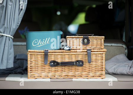 Picnic hampers in the back of a VW Campervan Stock Photo