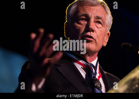 Secretary of Defense Chuck Hagel delivers remarks at the Intrepid Sea, Air & Space Museum in New York City May 22, 2014, after Stock Photo