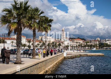 view of split riva in croatia from the sea front at matejuska showing the tower of the cathedral of st domnius in the background