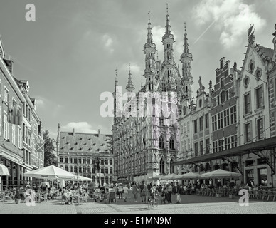 LEUVEN, BELGIUM - SEPTEMBER 3, 2013: Gothic town hall and square from north-west. Stock Photo