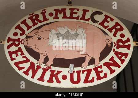 Sign of the butcher's shop owned by butcher Jiri Melcer in Kutna Hora, Czech Republic. Stock Photo