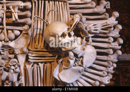 The Schwarzenberg Coat of Arms made of human bones and skulls in the Sedlec Ossuary in Kutna Hora, Czech Republic. Stock Photo