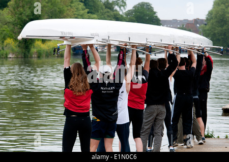 Oxford May Eights, Magdalen College boat being launched, Oxford, UK Stock Photo