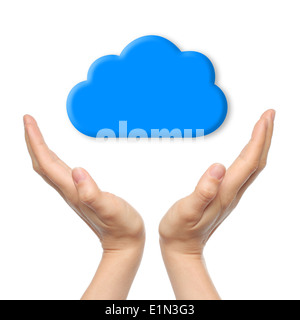 Cloud computing concept with woman hands Stock Photo