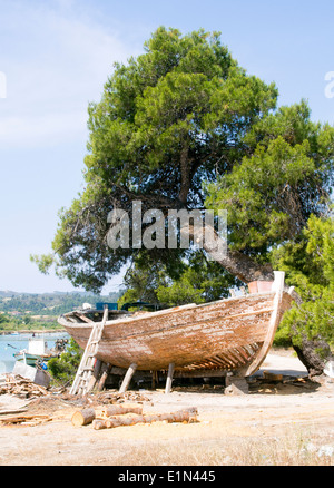 Repairing a wooden boat Stock Photo