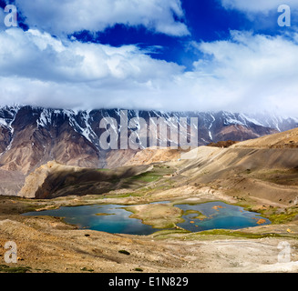 Vintage retro effect filtered hipster style travel image of mountain lakes in Spiti Valley in Himalayas. Himachal Pradesh, India Stock Photo