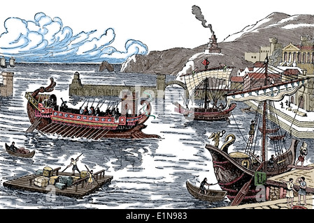 Ancient Rome. Harbour from the era of the Roman Empire. Engraving. Later colouration. Stock Photo