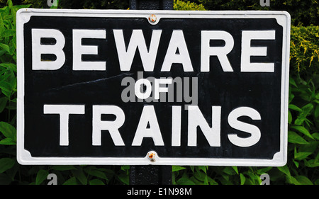 Old fashioned Beware of Trains sign, Hampton Loade, Shropshire, England, UK, Western Europe. Stock Photo