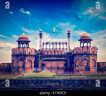 Vintage retro hipster style travel image of India travel tourism background - Red Fort (Lal Qila) Delhi - World Heritage Site. Stock Photo