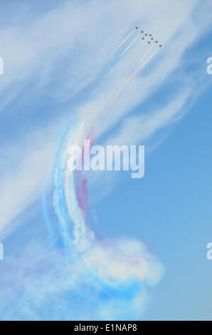 Folkestone, Kent, UK. 07th June, 2014. The British RAF Red Arrows flight stunt team perform an air display as part of the Folkestone Air Show on Kent's south coast. Saturday 7th June 2014 Credit:  Kevin Bennett/Alamy Live News Stock Photo