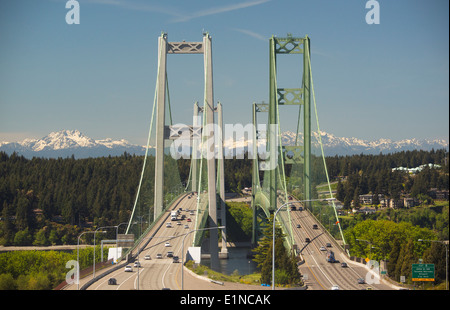 Tacoma Narrows Bridge, Puget Sound, Tacoma, Washington, Olympic Mountains behind. Stock Photo