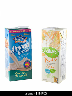 Packages of almond milk and rice milk Stock Photo