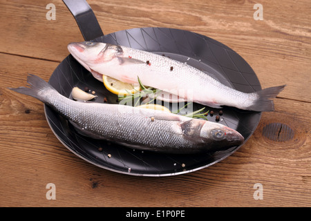 Two fresh sea bass fish on frying pan with ingredients, horizontal