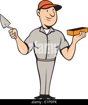 Illustration of a bricklayer mason plasterer worker holding trowel and brick standing front view on isolated white background done in cartoon style. Stock Photo