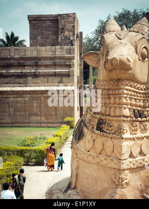Big statue Nandi Bull in front Hindu Gangaikonda Cholapuram Temple In Hinduism Nandi is a Shiva vehicle South Indian Stock Photo