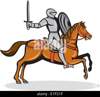 Illustration of knight in full armor riding horse steed with sword and shield facing side on isolated background done in cartoon style. Stock Photo