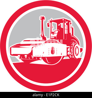 Illustration of road compactor road roller viewed from the front on low angle set inside circle done in retro style. Stock Photo