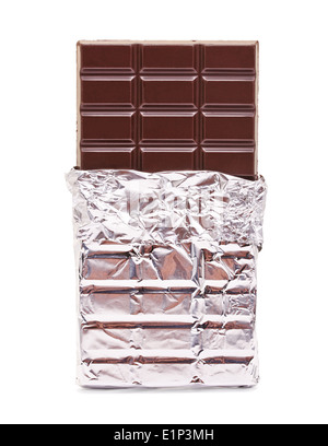 chocolate bar with open cover on white Stock Photo