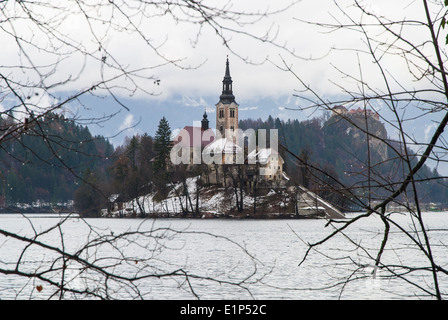 View of Lake Bled with island in Slovenia in winter Stock Photo