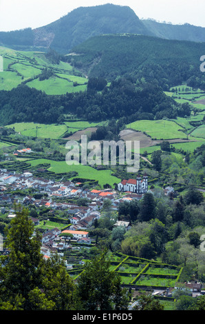 The village of Furnas rests in verdant Furnas Valley on Sao Miguel Island in the Azores, an autonomous region of Portugal in the North Atlantic Ocean. Stock Photo