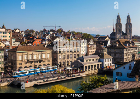 Panorama of Zurich with the Limmat River and Grossmunster Church, Switzerland. Taken on a beautiful sunny day. Stock Photo