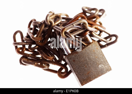 Color detail of some rusty chains and a lock, on white. Stock Photo