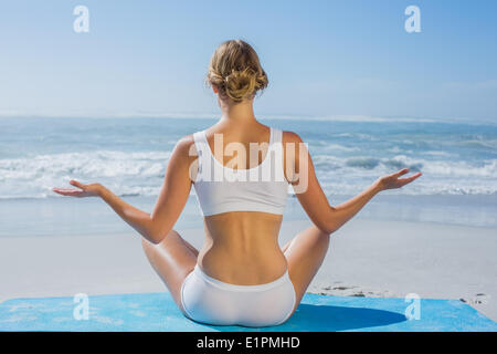 Fit woman on a mat at ocean. Slim female relaxing after yoga exercises  stock photo