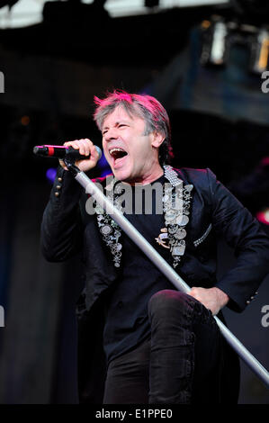 Brno, Czech Republic. 8th June, 2014. Bruce Dickinson of British heavymetal band Iron Maiden pictured during the concert in Brno, Czech Republic, June 8, 2014. The band visited Brno in the tour Maiden England. Credit:  Vaclav Salek/CTK Photo/Alamy Live News Stock Photo