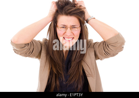 frustrated business woman in stress pulling hair Stock Photo