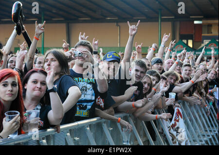 Brno, Czech Republic. 8th June, 2014. Fans of British heavymetal band Iron Maiden pictured during the concert in Brno, Czech Republic, June 8, 2014. The band visited Brno in the tour Maiden England. Credit:  Vaclav Salek/CTK Photo/Alamy Live News Stock Photo