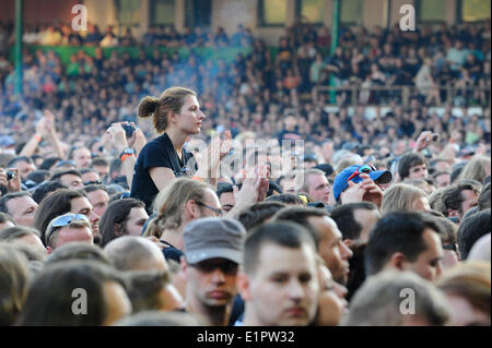 Brno, Czech Republic. 8th June, 2014. Fans of British heavymetal band Iron Maiden pictured during the concert in Brno, Czech Republic, June 8, 2014. The band visited Brno in the tour Maiden England. Credit:  Vaclav Salek/CTK Photo/Alamy Live News Stock Photo