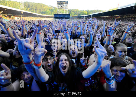 Brno, Czech Republic. 8th June, 2014. Fans of British heavymetal band Iron Maiden pictured during the concert in Brno, Czech Republic, June 8, 2014. The band visited Brno in the tour Maiden England. Credit:  Vaclav Salek/CTK Photo/Alamy Live News Stock Photo