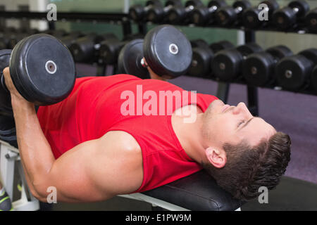 Bodybuilder lying on bench lifting heavy dumbbells Stock Photo