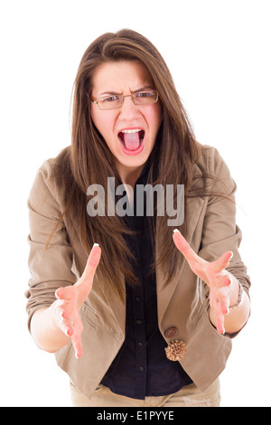 stressed business woman with glasses shouting in frustration Stock Photo