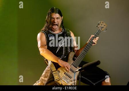 Nuerburg, Germany. 08th June, 2014. Metallica bassist Robert Trujillo performs on stage during the 'Rock am Ring' music festival at the Nuerburgring near Nuerburg, Germany, 08 June 2014. The festvial is celebrating its 29th edition in 2014 before it will close doors for ever. PHOTO: THOMAS FREY/dpa/Alamy Live News Stock Photo