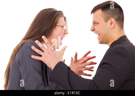 young angry couple fighting wanting to strange each other Stock Photo