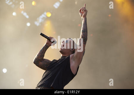 Nuerburg, Germany. 08th June, 2014. Lead vocalist Matthew Charles Sanders of the British rock band Avenged Sevenfold performs onstage during the 'Rock am Ring' music festival at the Nuerburgring near Nuerburg, Germany, 08 June 2014. The festvial is celebrating its 29th edition in 2014 before it will close doors for ever. PHOTO: THOMAS FREY/dpa/Alamy Live News Stock Photo