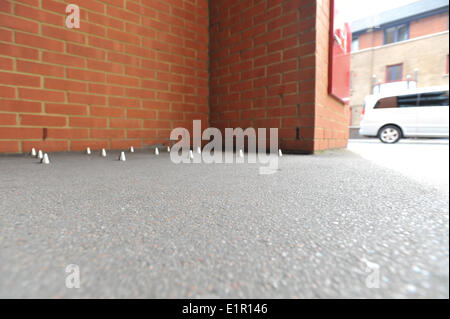 Southwark Bridge Road, London, UK. 9th June 2014. Spikes placed in the entrance to flats on Southwark Bridge Road, designed to stop rough sleepers using the entrance. Credit:  Matthew Chattle/Alamy Live News Stock Photo