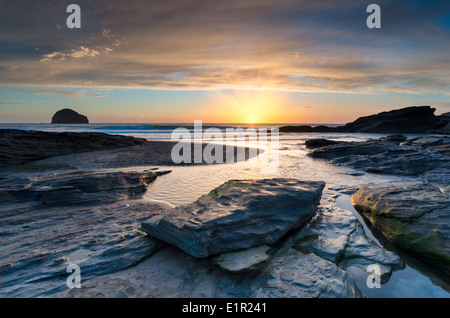 The beach at Trebarwith Strand near Tintagel in Cornwall Stock Photo