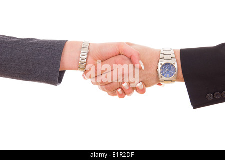 businessman with expensive watch and business woman with french manicure shaking hands Stock Photo