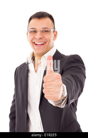 confident smiling businessman in suit with glasses showing thumbs up Stock Photo