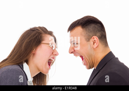 young man and woman with love problems yelling at each other Stock Photo