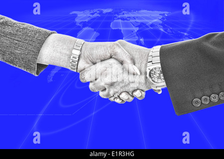 shaking hands in black and white on blue background with national earth map Stock Photo