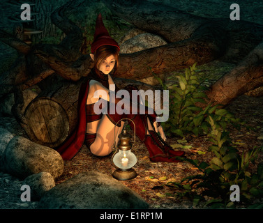 3d computer graphics of a fairy with lantern sitting on the ground in the forest at night Stock Photo