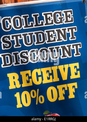 InStore College Student Discount Sign, Receive 10% Off, USA Stock Photo