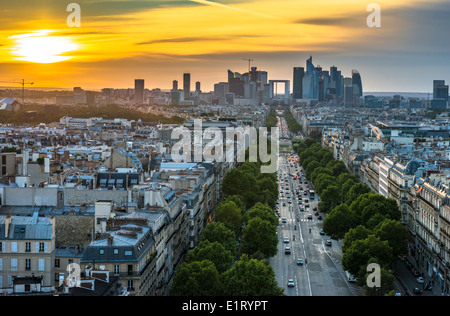 La Defense at sunset as seen from the Arc de Triomphe Stock Photo